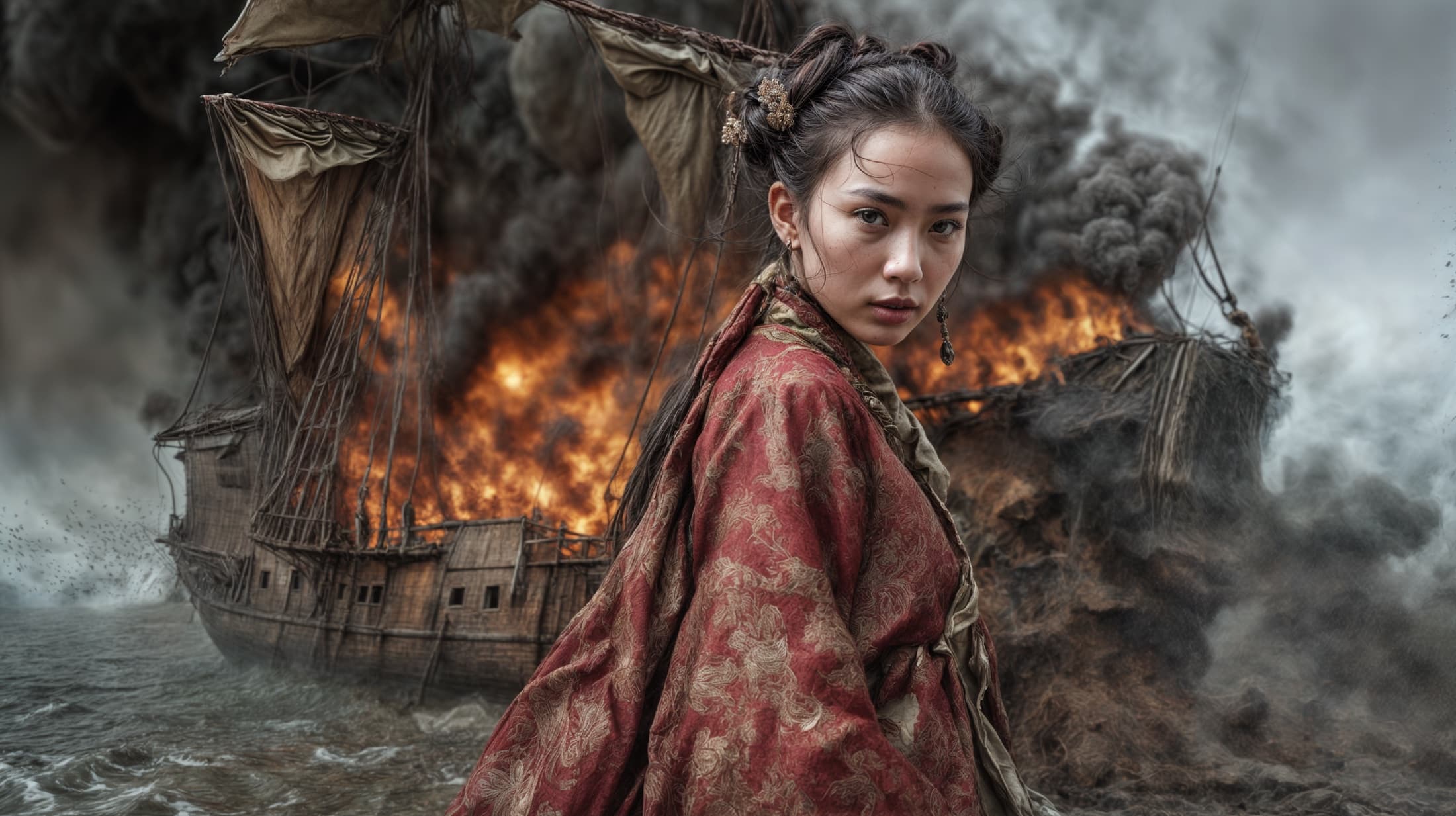 Li Xin ante el barco incendiado