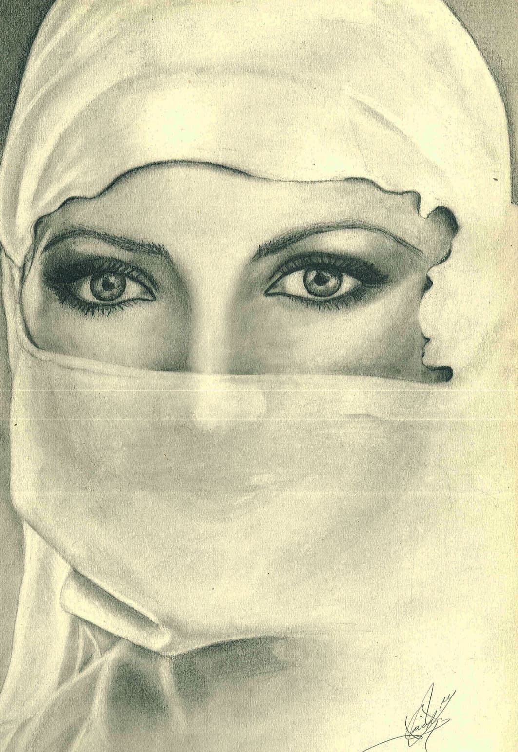 Ilustración 08 de A Verónica: Rostro femenino cubierto por un velo que deja visibles los ojos.