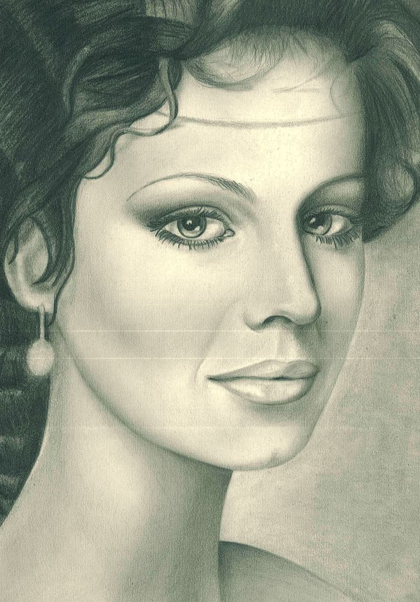 Ilustración 09 de A Verónica: Retrato femenino con el cabello ondulado en tonos verdes.