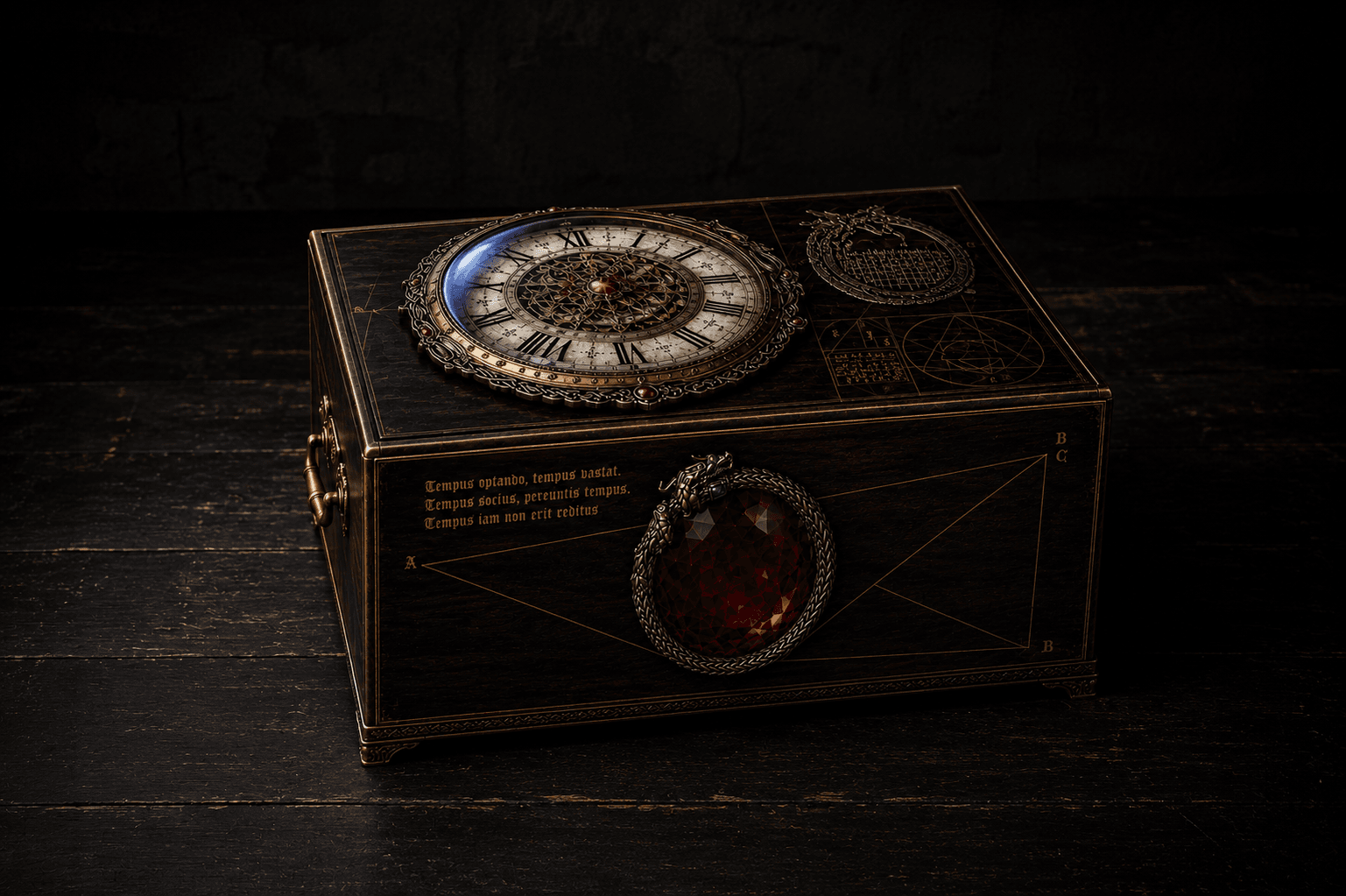 La Caja del Tiempo completa con su reloj, símbolos y rubí