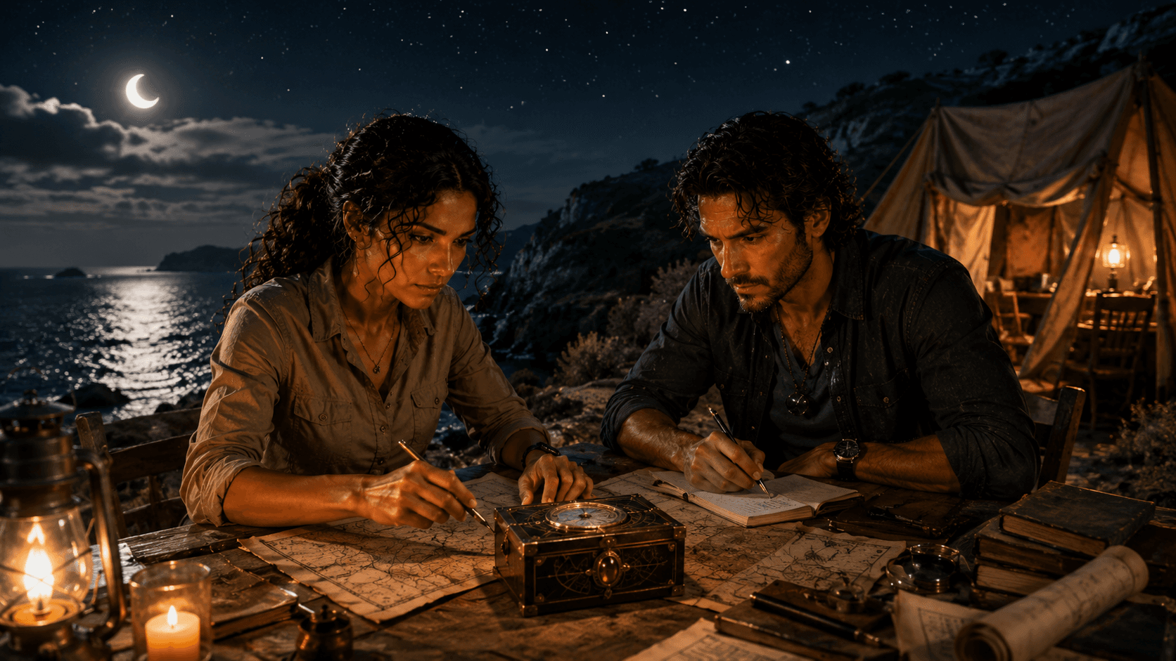 Adrián y Leila sobre un barco frente a Psará al atardecer